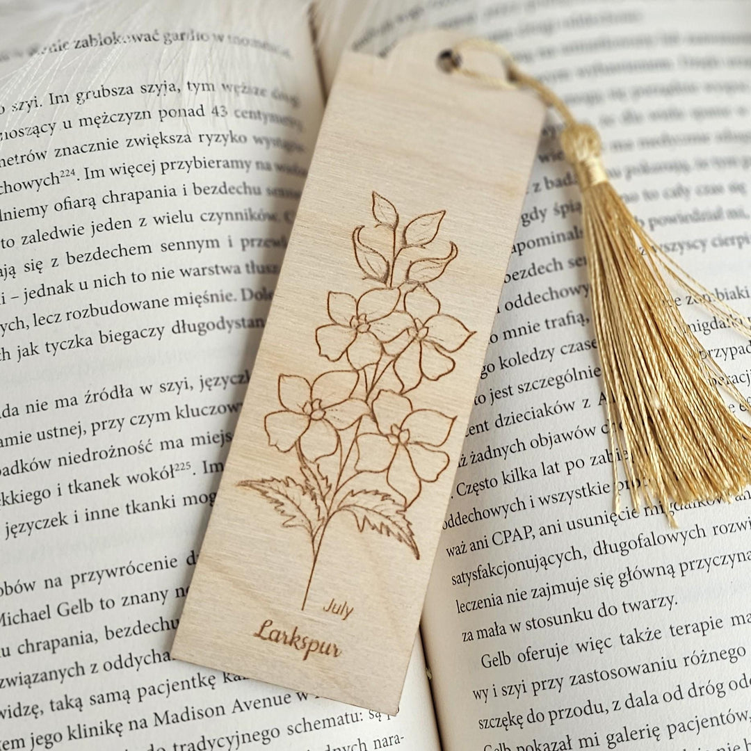 Birth Flower Bookmark July Larkspur - Personalised Wooden Gift for Book Lovers