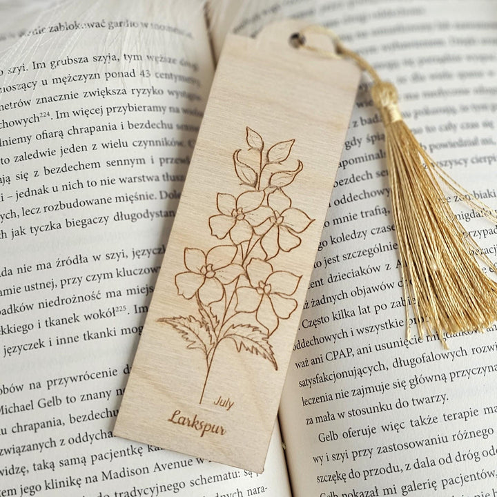 Birth Flower Bookmark July Larkspur - Personalised Wooden Gift for Book Lovers