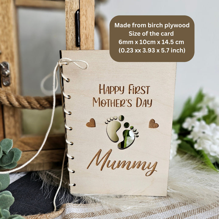 Personalised Wooden Card Happy First Mother's Day Mummy with Baby Feet cutout, Eco Friendly Gift, Mum, Mom, Grandmother, Nan, Nanny, Granny