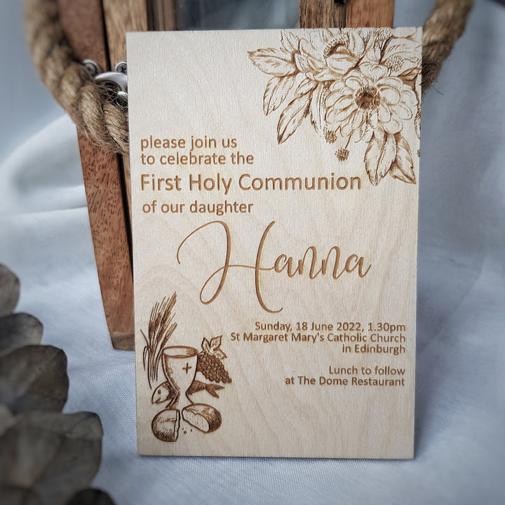 Wooden First Holy Communion Invitation – Personalised Engraved Floral Communion Card