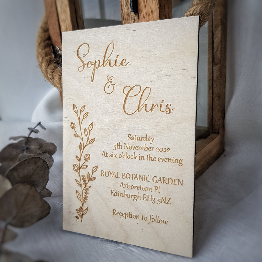 Personalised Rustic Wooden Wedding Invitation - Floral design - Birthday Anniversary Baptism Christening Confirmation Party Dinner Invite