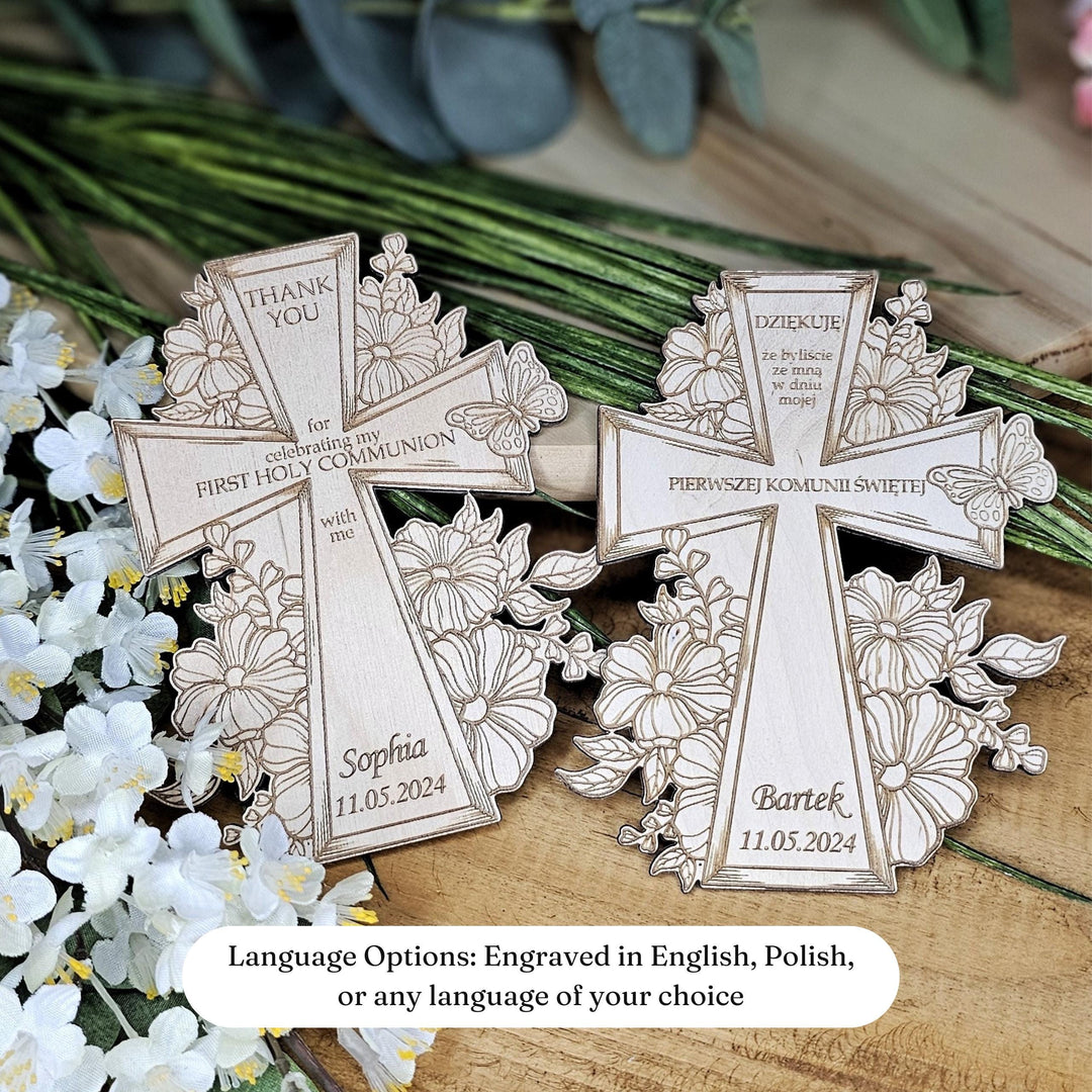 Personalised First Holy Communion Floral Cross Magnet - Thank You Wooden Gift - Baptism Christening Naming Ceremony Confirmation Favours