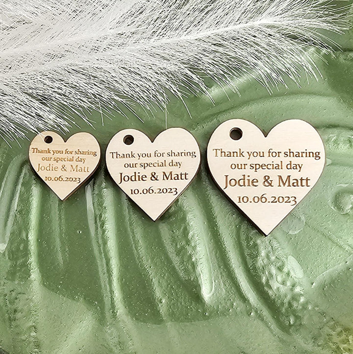 Wedding Heart Favours - Personalised Wooden Thank You Tokens,  Custom Engraved Rustic Gift Tags