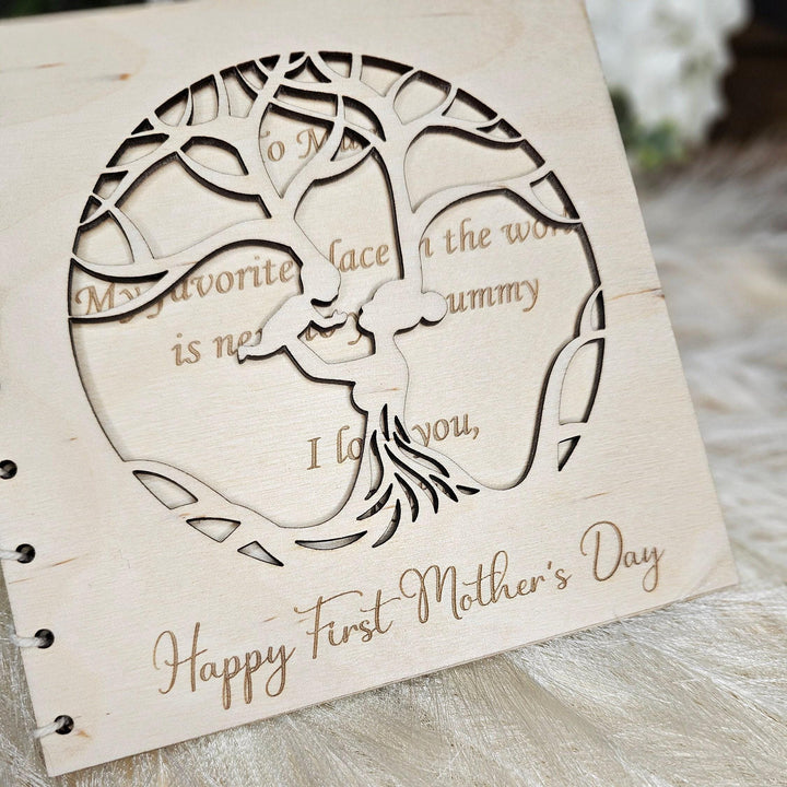 Personalised First Mother's Day Wooden Card with Mother and Baby Tree cutout - Gift for Mom, Mum, Grandmother, Nanny, Grandma, Granny