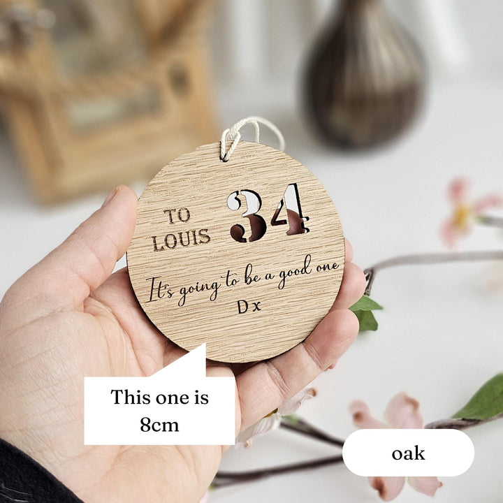 Personalised Rustic Wooden Birthday Gift Tag - Keepsake Ornament for Milestone Ages 1st to 90th