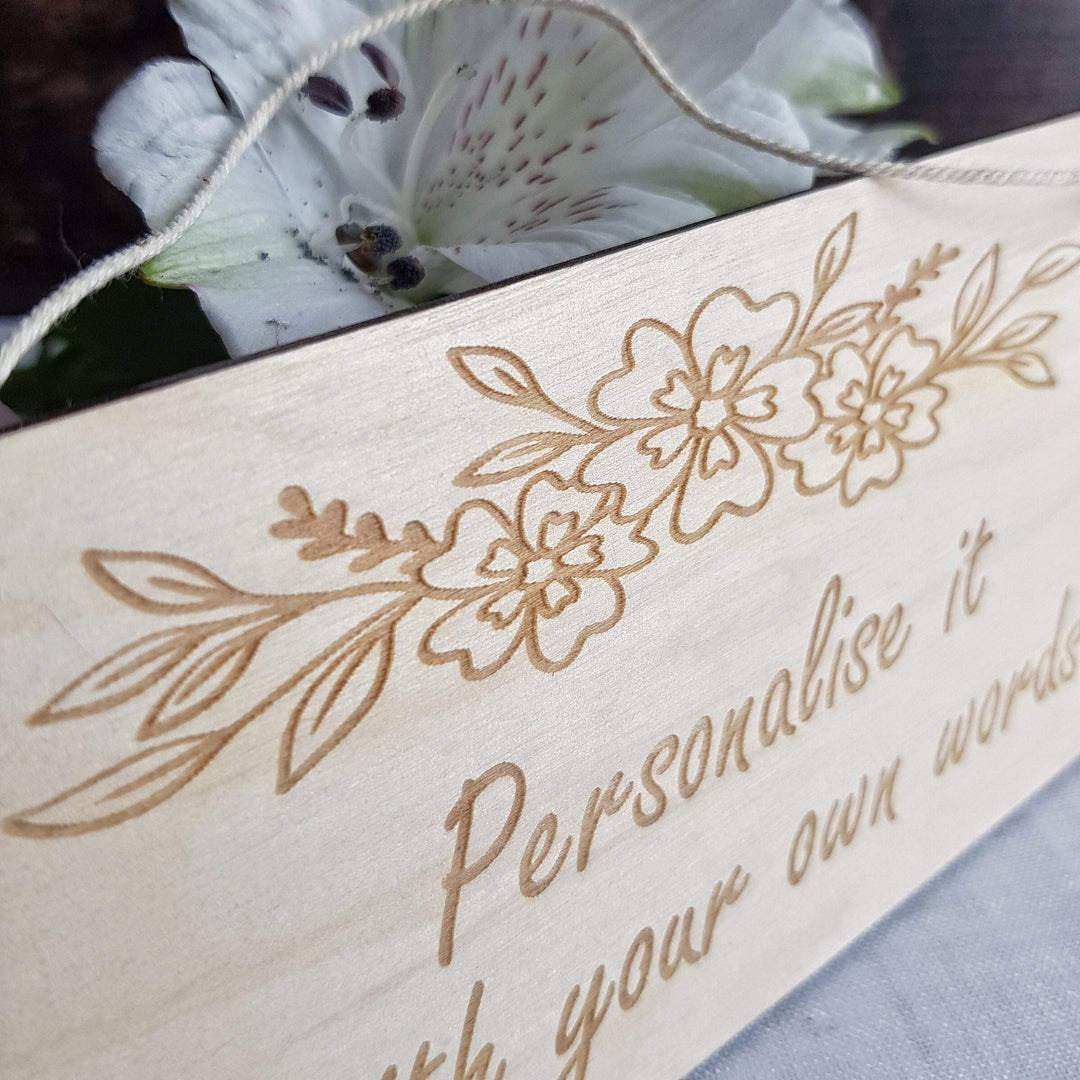 Personalised Floral Wreath Wooden Plaque: Rustic Laser Engraved Sign