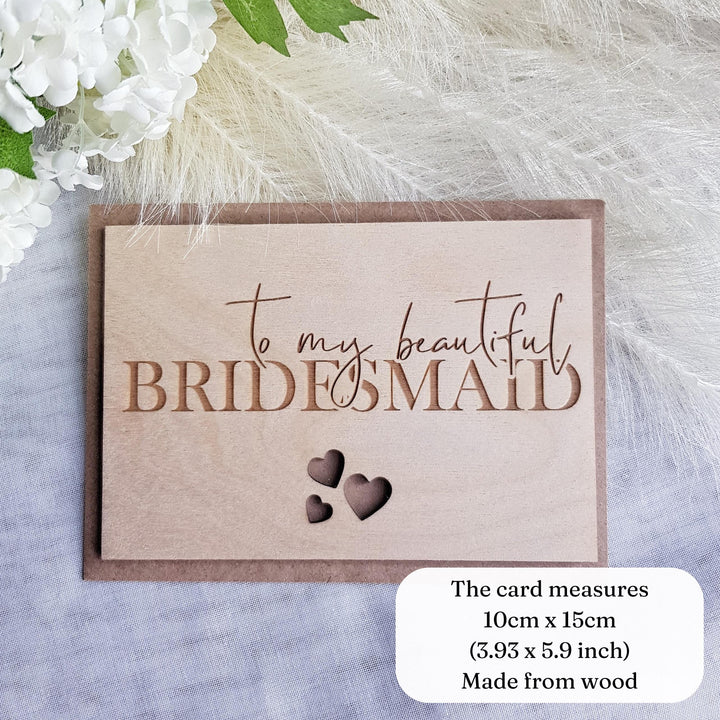 Bridesmaid Thank You Card, Personalised Wooden Gift - Rustic Three Hearts Keepsake for Maid of Honour & Bride Squad