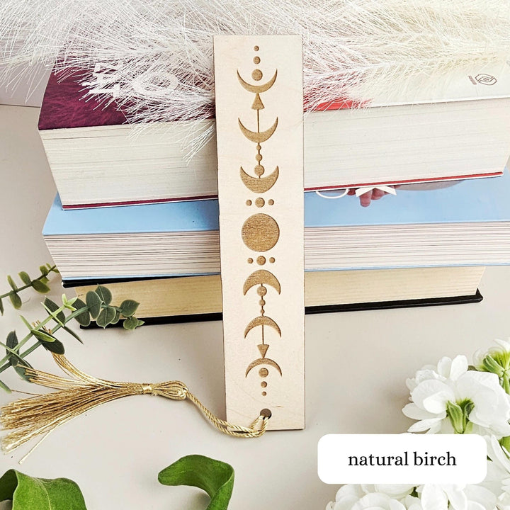Celestial Moon Phase Bookmark - Personalised Engraved Wooden Spiritual Gift for Book Lovers