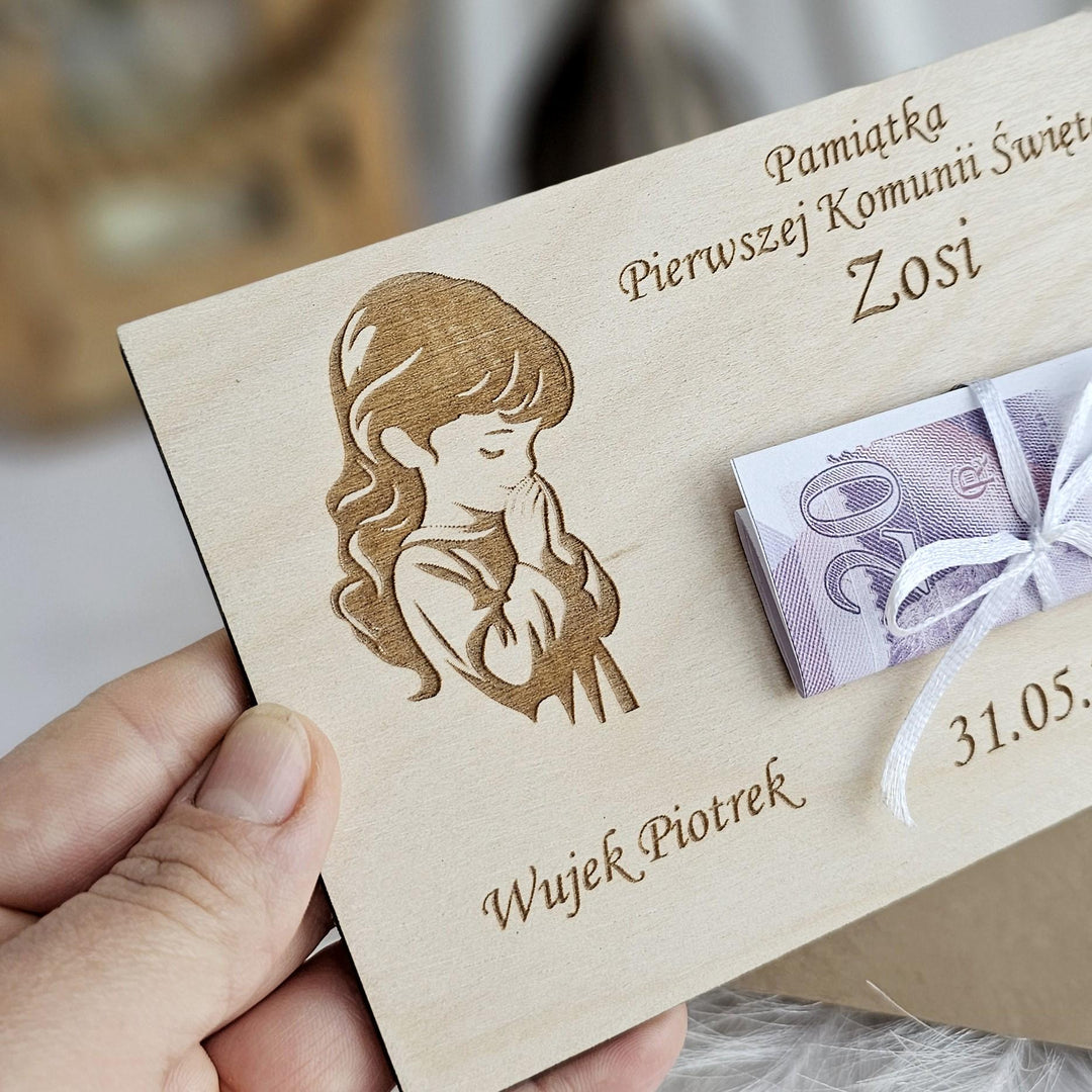 Personalised Money Wallet – Wooden First Holy Communion Gift Card For Girl Keepsake
