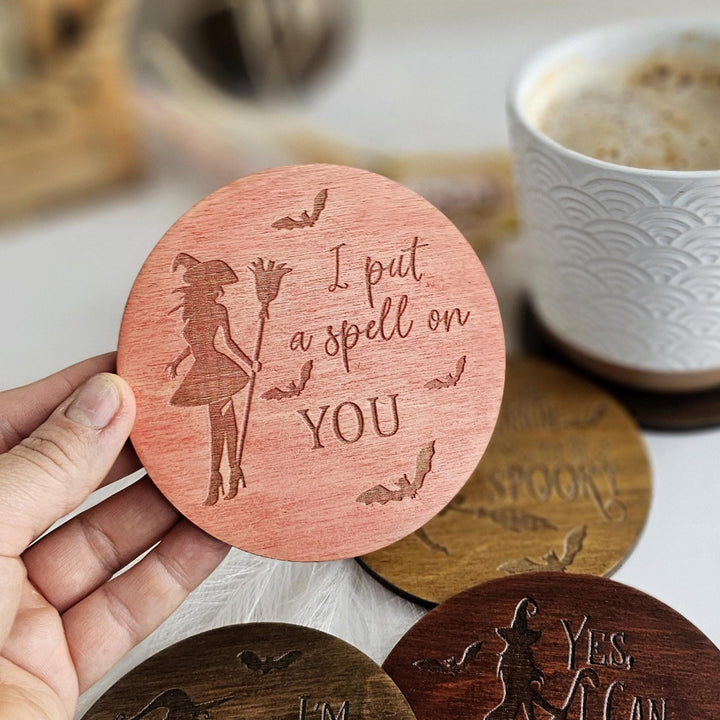 Witchy Halloween Coasters - Wooden Spooky Table Decor - Handmade Housewarming Gift Idea - I put a spell on you