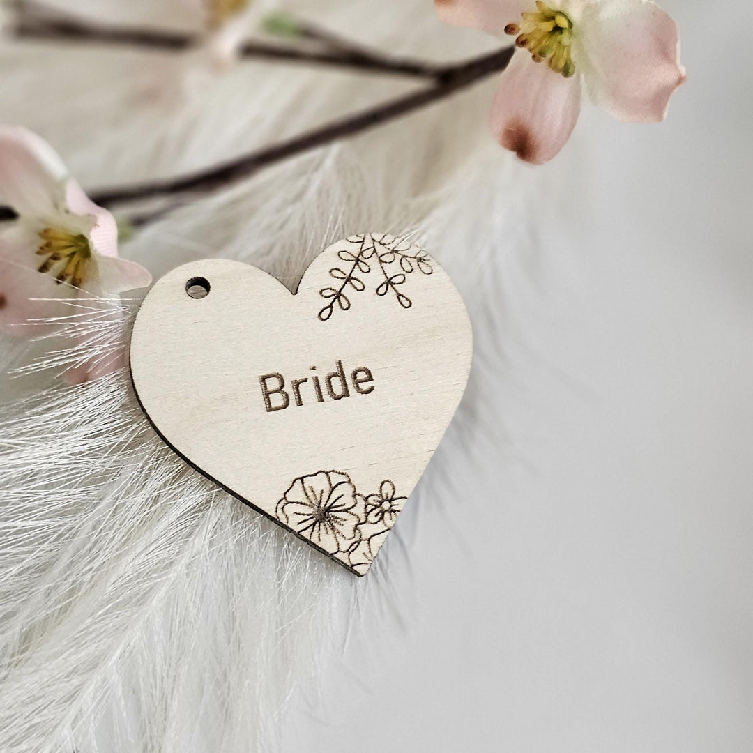 Wedding Place Name Favours, Personalised Engraved Rustic Heart Tags, Botanical Wooden Wedding Keepsakes