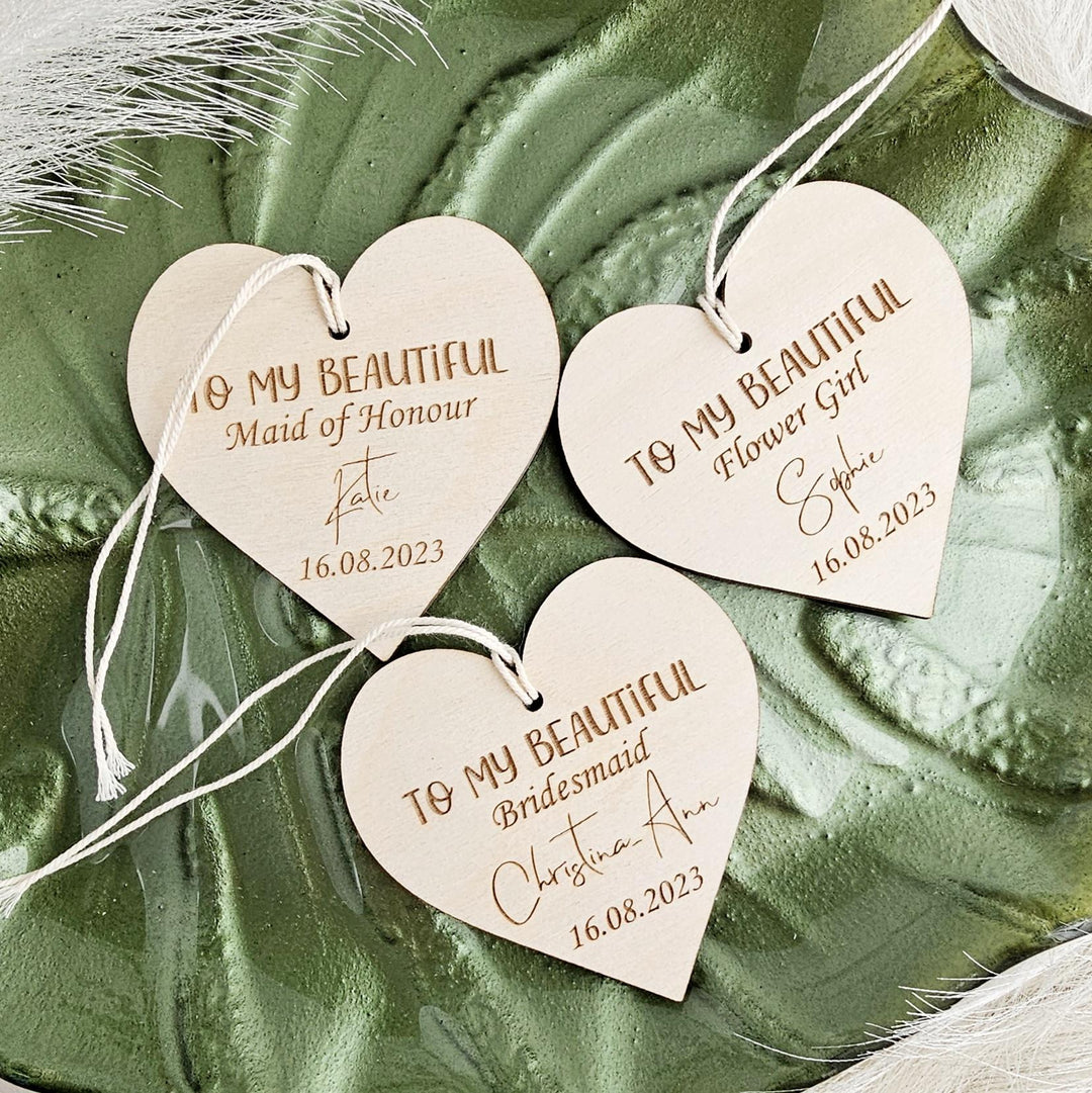 Personalised Wedding Gift Heart Plaque - Bridal Party Tag / Ornament- Bridesmaid, Maid of Honour, Flower Girl Wooden Keepsake