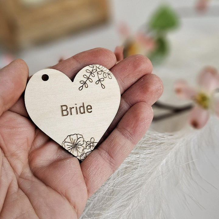 Wedding Place Name Favours, Personalised Engraved Rustic Heart Tags, Botanical Wooden Wedding Keepsakes