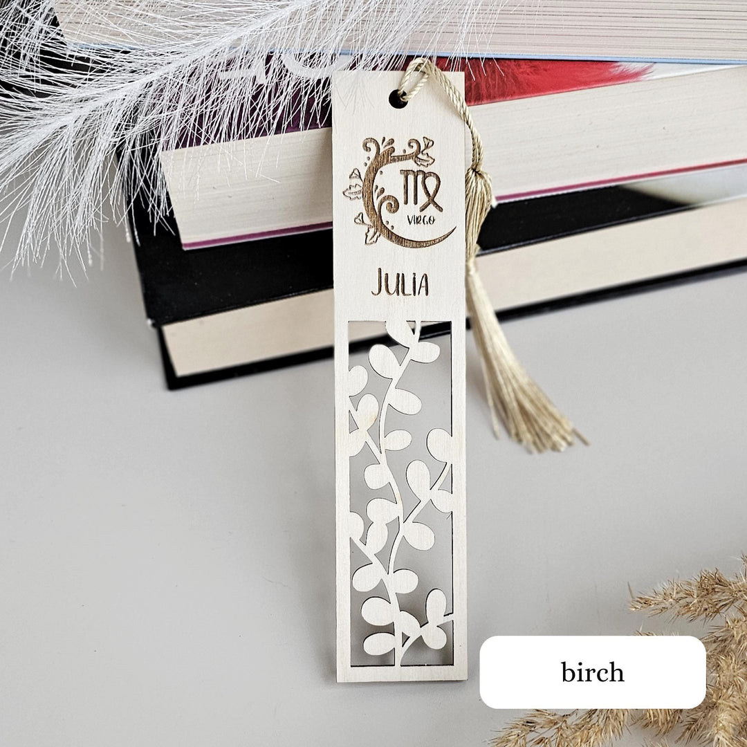 Custom Zodiac Bookmark with Leaves - Engraved Wooden Keepsake