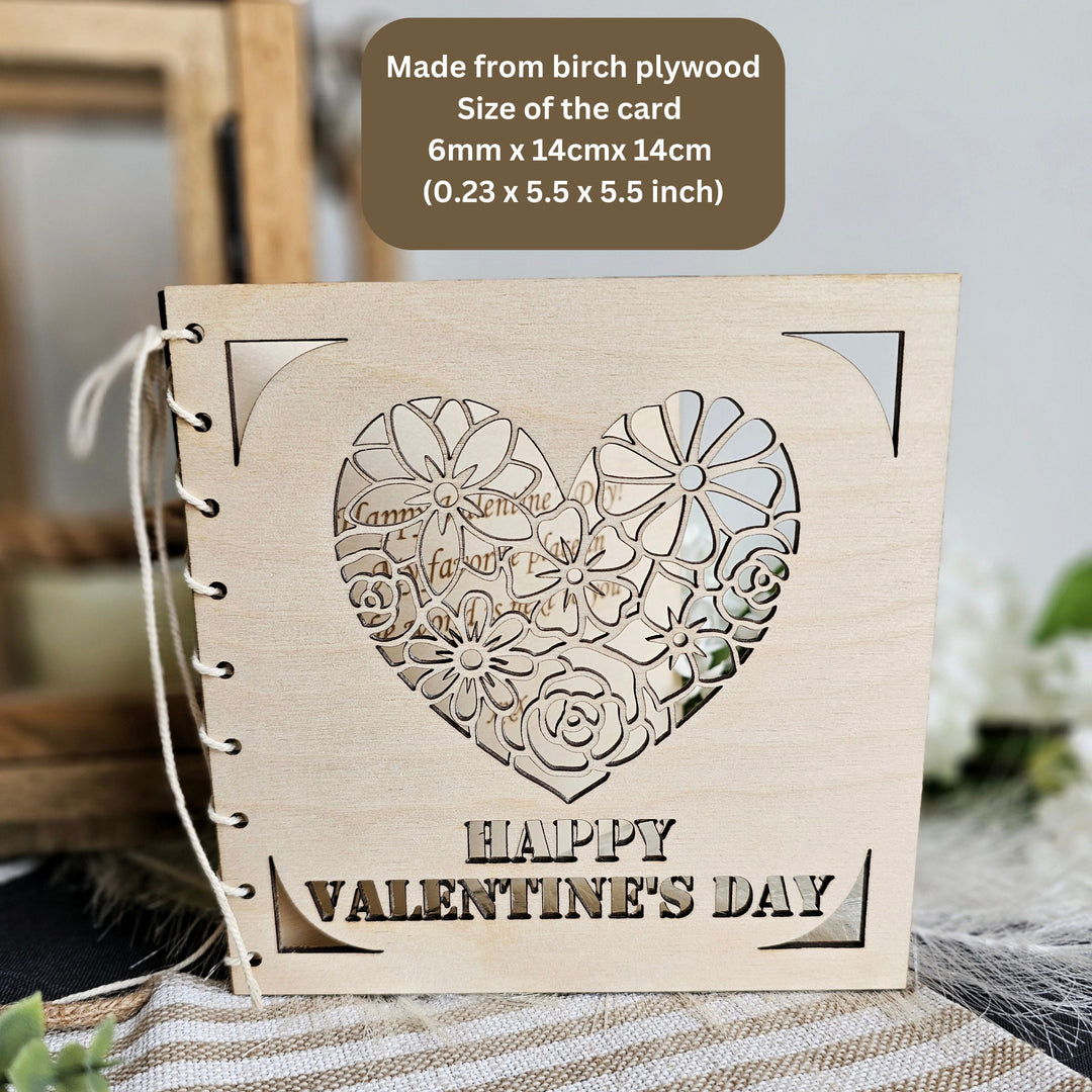 Personalised Valentine's Day Card with Romantic Floral Heart, Wooden Keepsake Gift for Anniversary, Wedding, Engagement, Love Celebration