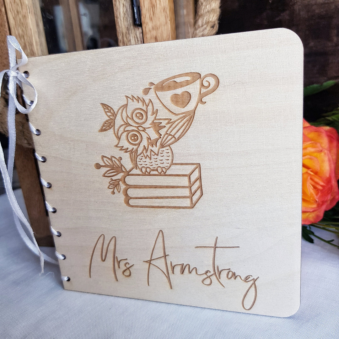 Personalized Owl Coffee Card - Custom Wooden Graduation Keepsake for Teachers