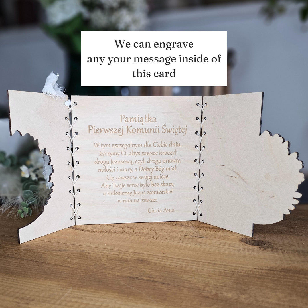 First Holy Communion Card Church Design, Personalised Rustic Wooden Keepsake, Custom message gift, Pierwsza Komunia Swieta