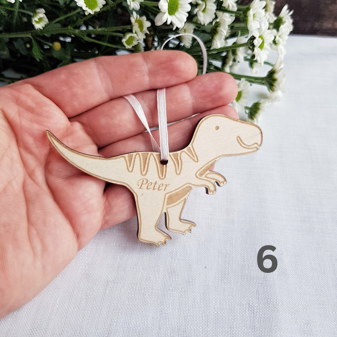Personalised Dinosaur Wooden Keyring - Engraved Backpack Charm  Christmas Decoration
