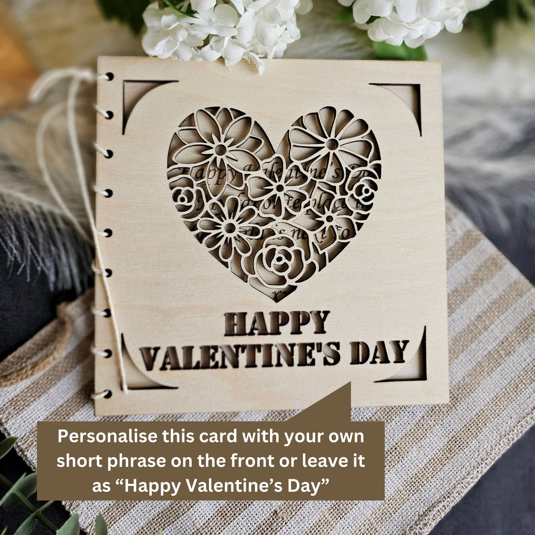 Personalised Valentine's Day Card with Romantic Floral Heart, Wooden Keepsake Gift for Anniversary, Wedding, Engagement, Love Celebration