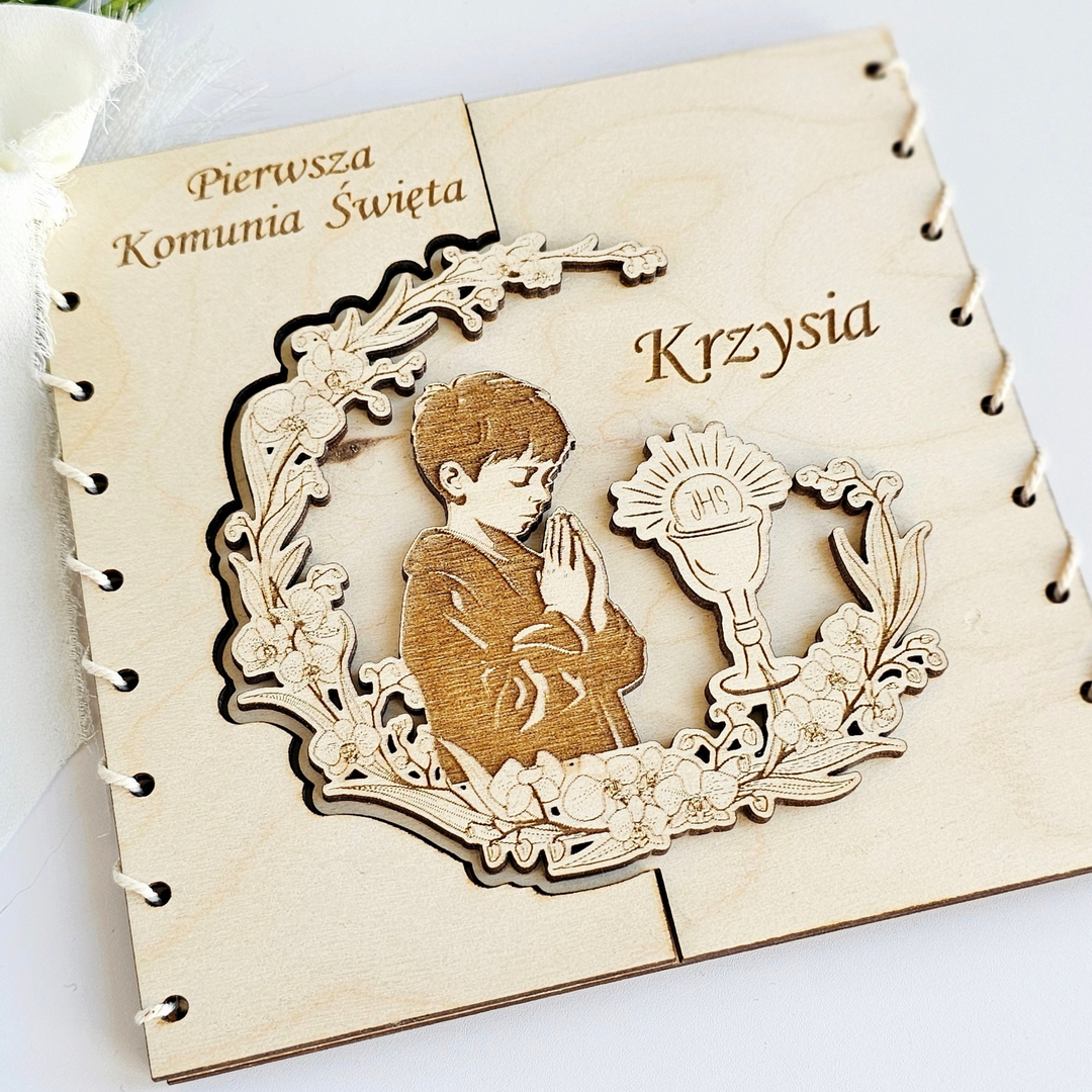 First Holy Communion Wooden Card for Boy - Personalised Engraved Keepsake