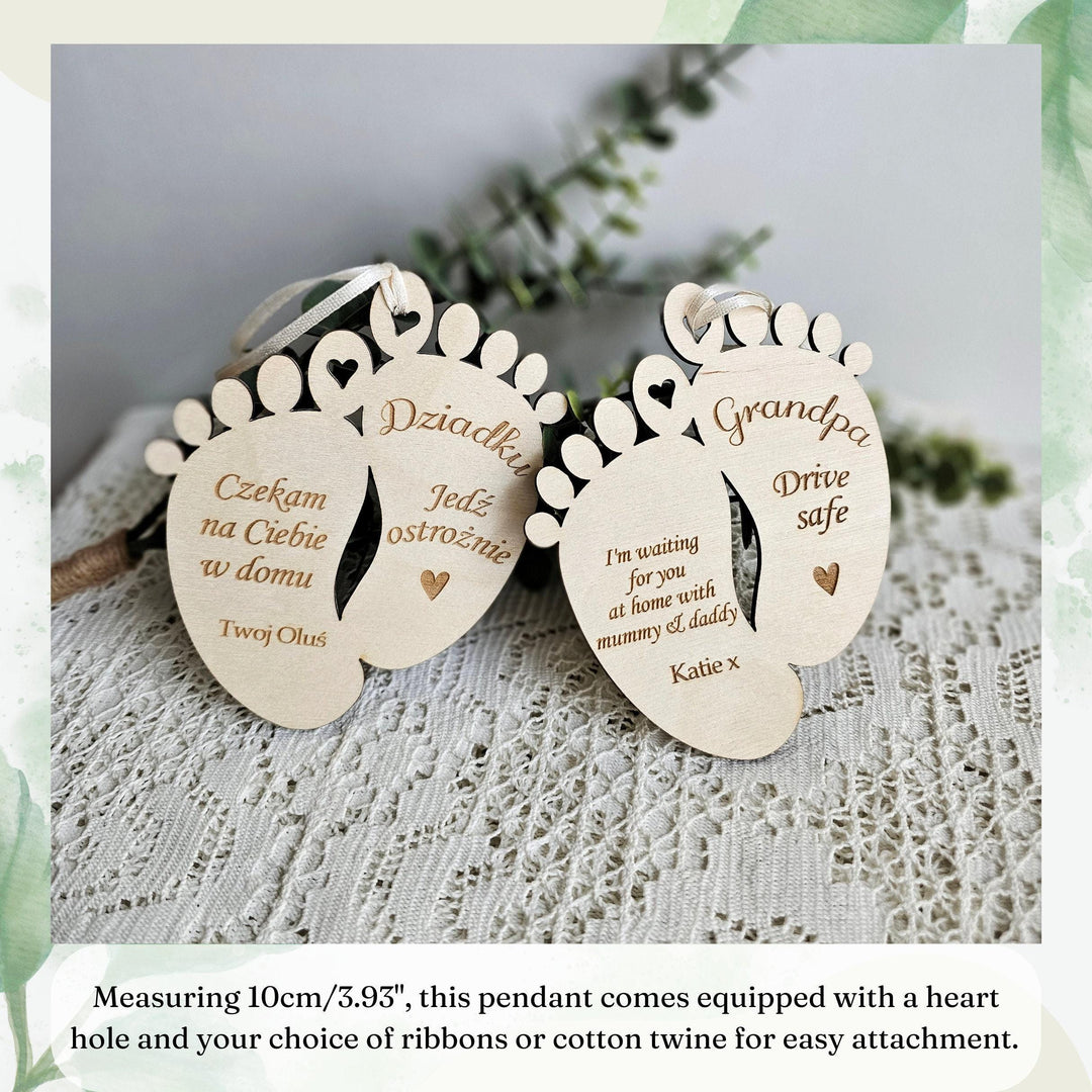 Personalised Drive Safe Wooden Pendant, Car Mirror Baby Feet Lucky Charm, Gift for Dzien Babci Dziadka, Grandfather Grandmother Mum Dad