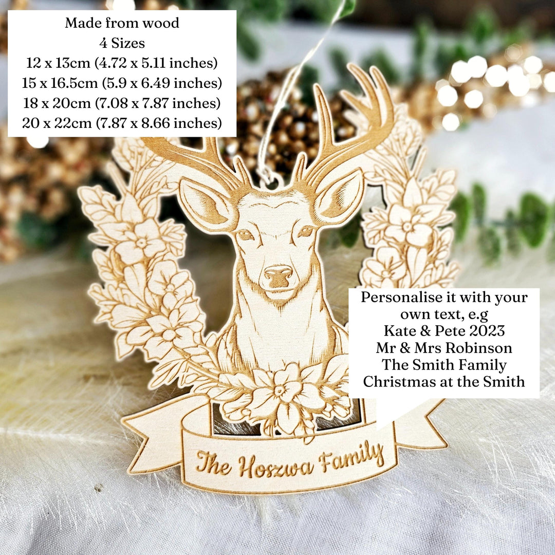 Personalised Wooden Family Ornament - Deer Head Floral Wall Decor for Nature Lovers