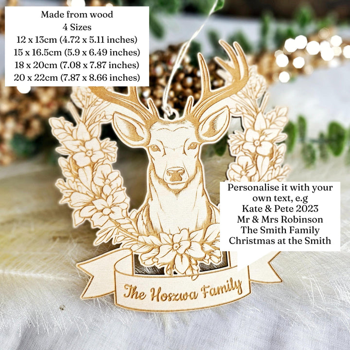 Personalised Wooden Family Ornament - Deer Head Floral Wall Decor for Nature Lovers