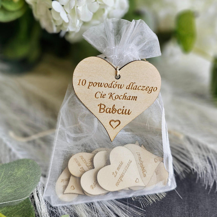 10 reasons why I love you Grandma Polish Dzien Babci i Dziadka, Eco wooden gift tokens, engraved hearts gift for Grandmother and Grandfather