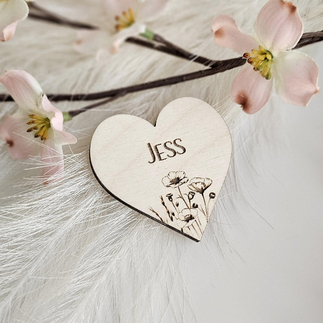 Wedding Place Name Favours, Personalised Engraved Rustic Heart Tags, Botanical Wooden Wedding Keepsakes