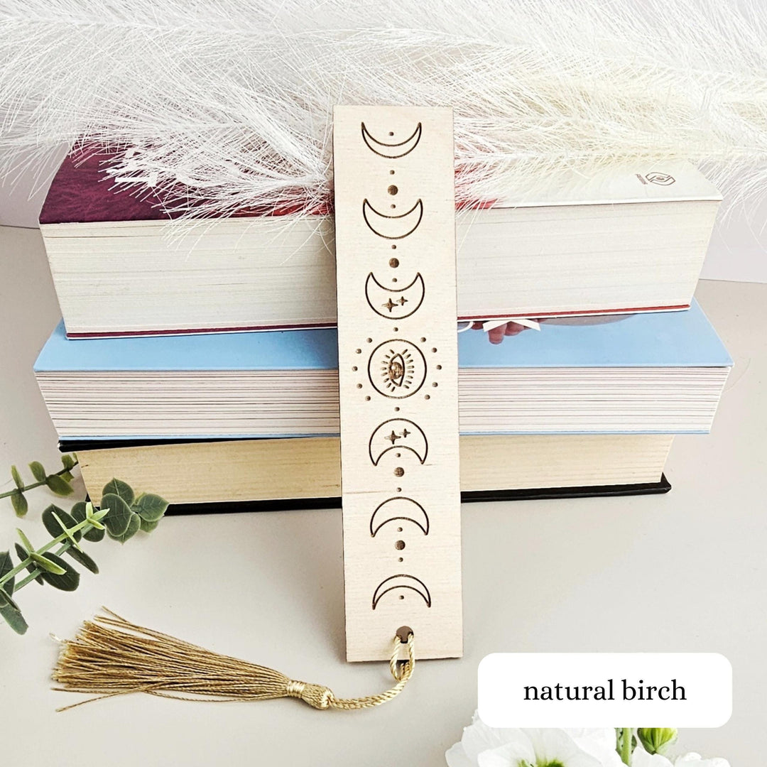 Celestial Moon Phase Bookmark - Personalised Engraved Wooden Spiritual Gift for Book Lovers