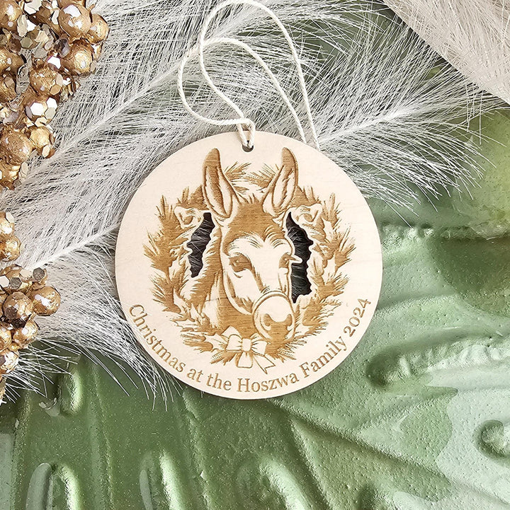 Personalised Floral Wreath Donkey Wooden Christmas Ornament - Custom Keepsake Tree Decor
