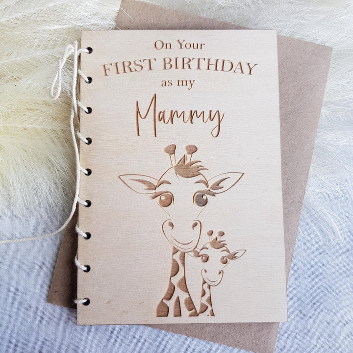 Personalised Birthday Card Gift for Mother - Giraffe Mum and Child Rustic Wooden Keepsake - Perfect for Grandmothers and Aunties