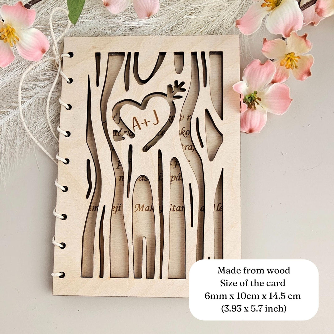 Personalised Wooden Card with Trees Design and Love Heart- Perfect for Valentine's Day, Anniversary, Wedding, Engagement, Love Celebration