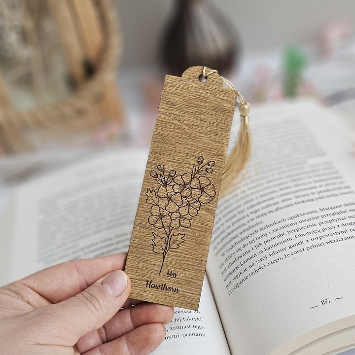 Birth Flower Bookmark May Hawthorn - Personalised Wooden Gift for Book Lovers