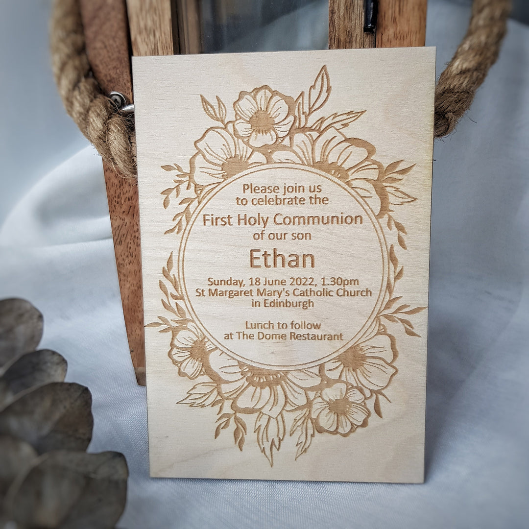 Wooden First Holy Communion Invitation – Personalised Engraved Floral Keepsake Card