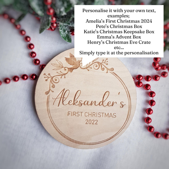 Personalised Babys First Christmas Wooden Milestone Disc Ornament - Keepsake Christmas Eve Box Label