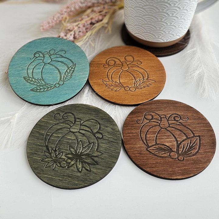 Autumn Pumpkin Wooden Coasters - Cosy Fall Drink Coaster, Decorative Halloween Table Decor, Handmade Gift Idea - Set of 4 coasters