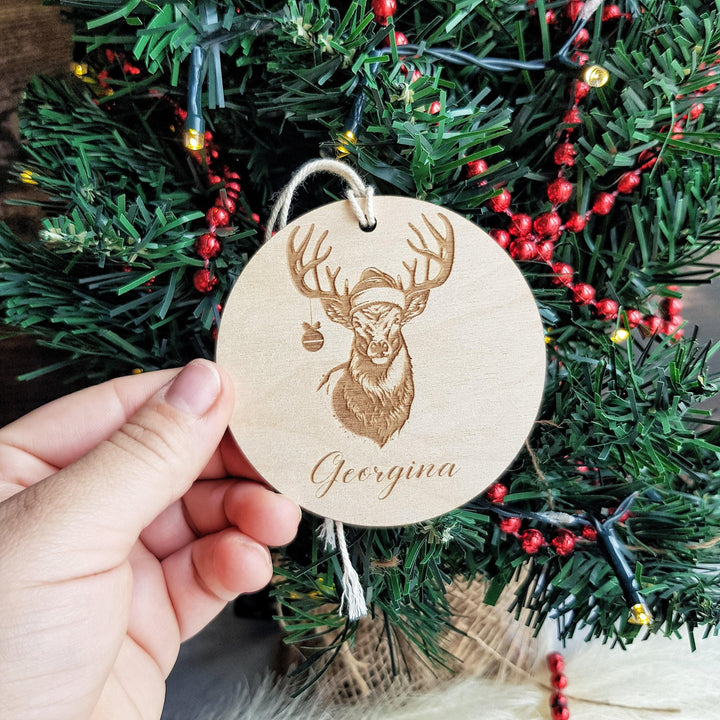 Personalised Christmas Deer Wooden Ornament - Custom Festive Tree Decoration