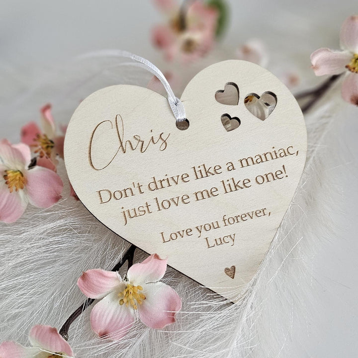 Wooden Car Mirror Pendant - Personalized Valentines Gift for Driving Partner