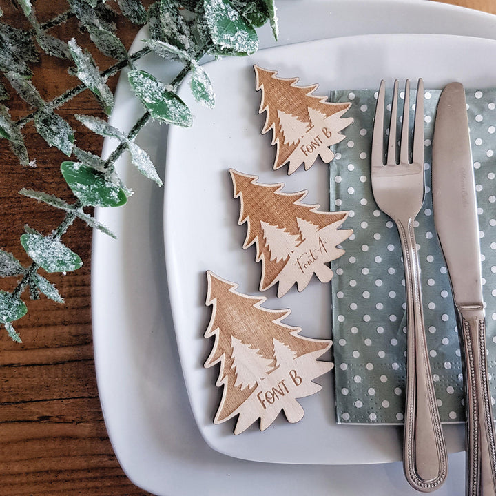 Personalised Rustic Christmas Tree Place Settings for Winter Weddings - Elegant Table Decorations for Holiday Dinners