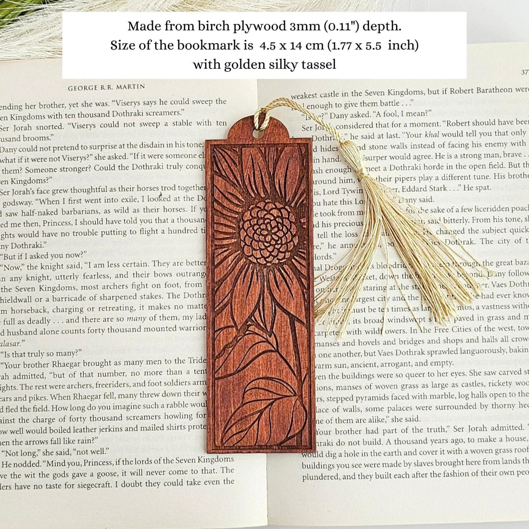 Wooden Sunflower Bookmark - Personalised Laser Engraved Reading Gift With Tassel