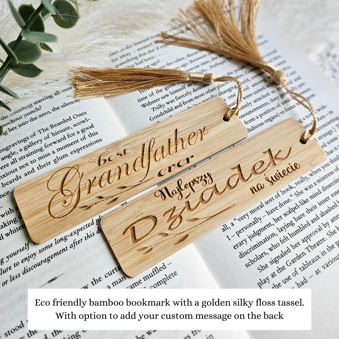 Personalised Wooden Bookmark – Eco Friendly Bamboo Gift for Grandfather with Golden Tassel