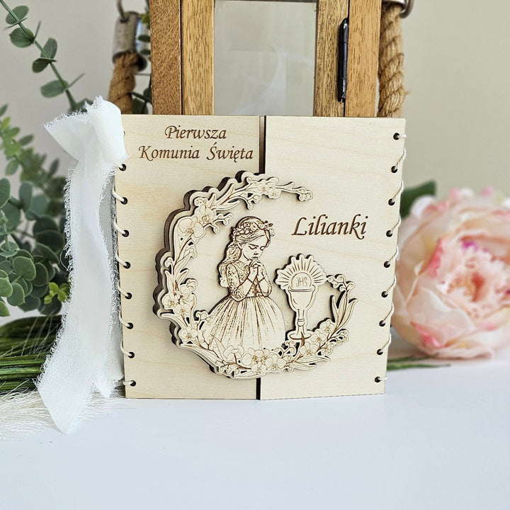 First Holy Communion Wooden Card – Personalised Engraved Polish Keepsake for Girl