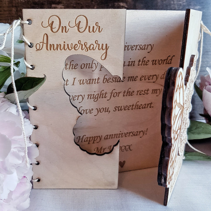 Personalised Anniversary Card - 'You Still Give Me Butterflies' Boho Butterfly - Rustic Wooden Keepsake Gift, Couple Gift