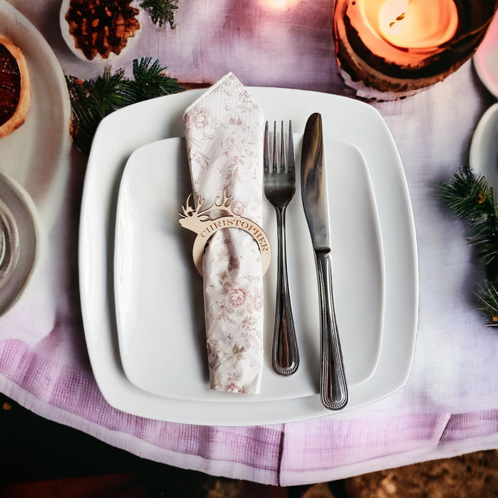 Personalised Rustic Deer Wooden Napkin Ring - Christmas Dinner Table Decoration