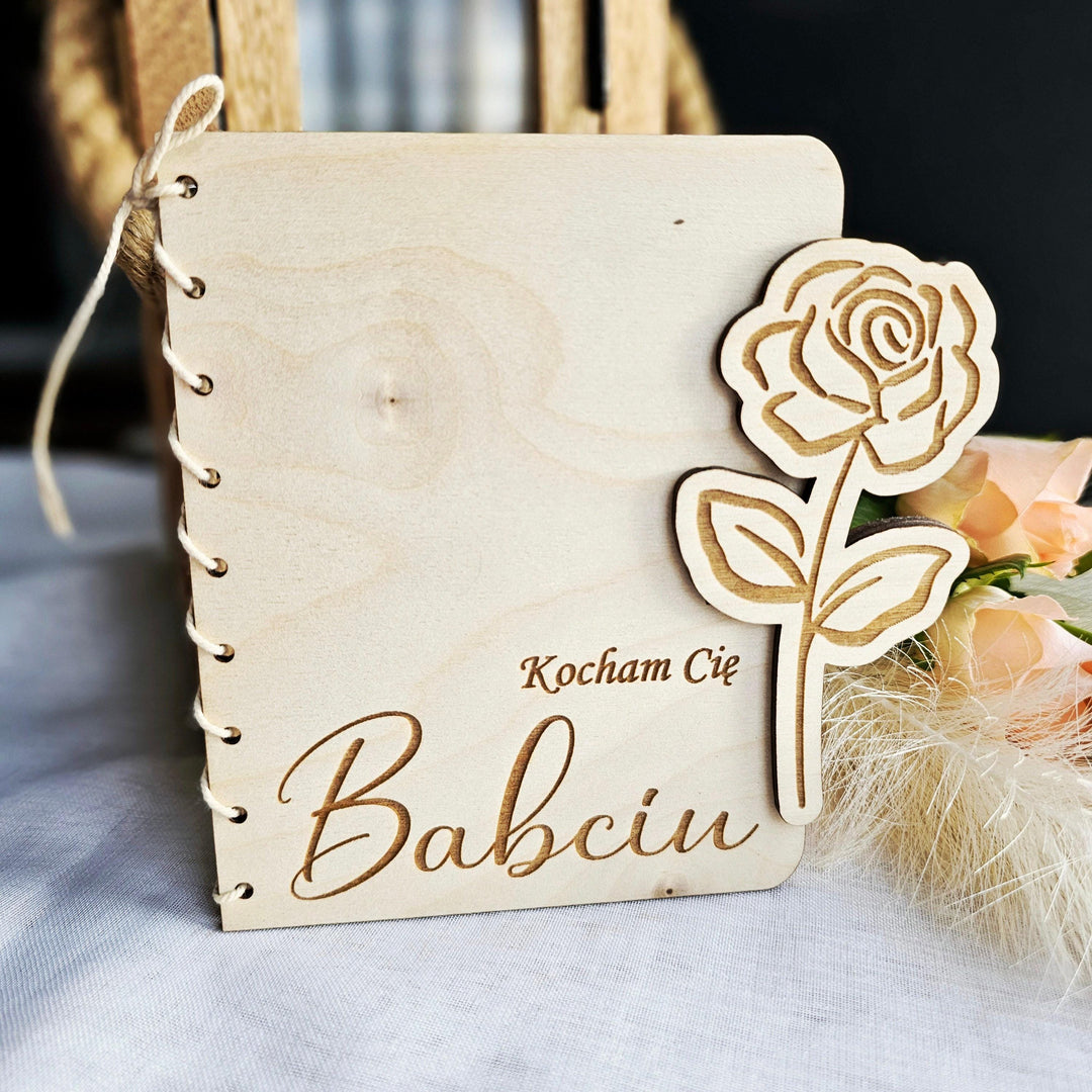 Personalised Wooden Card Rose Flower - Grandma gift, Birthday, Anniversary, Wedding, Engagement, Housewarming, Polish Dzien Babci i Dziadka