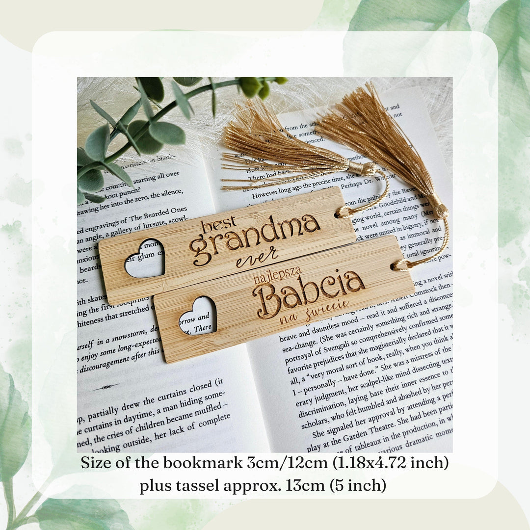 Eco friendly bamboo bookmark with a silky tassel, with personalised option, size 3cm x 12cm/25cm, Dzien babci, Grandmother gift, Mothers Day