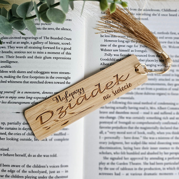 Bamboo wood bookmark with a silky tassel, with personalised option, size 3cmx12cm/25cm, Dzien Dziadka, Grandfather gift, Fathers Day