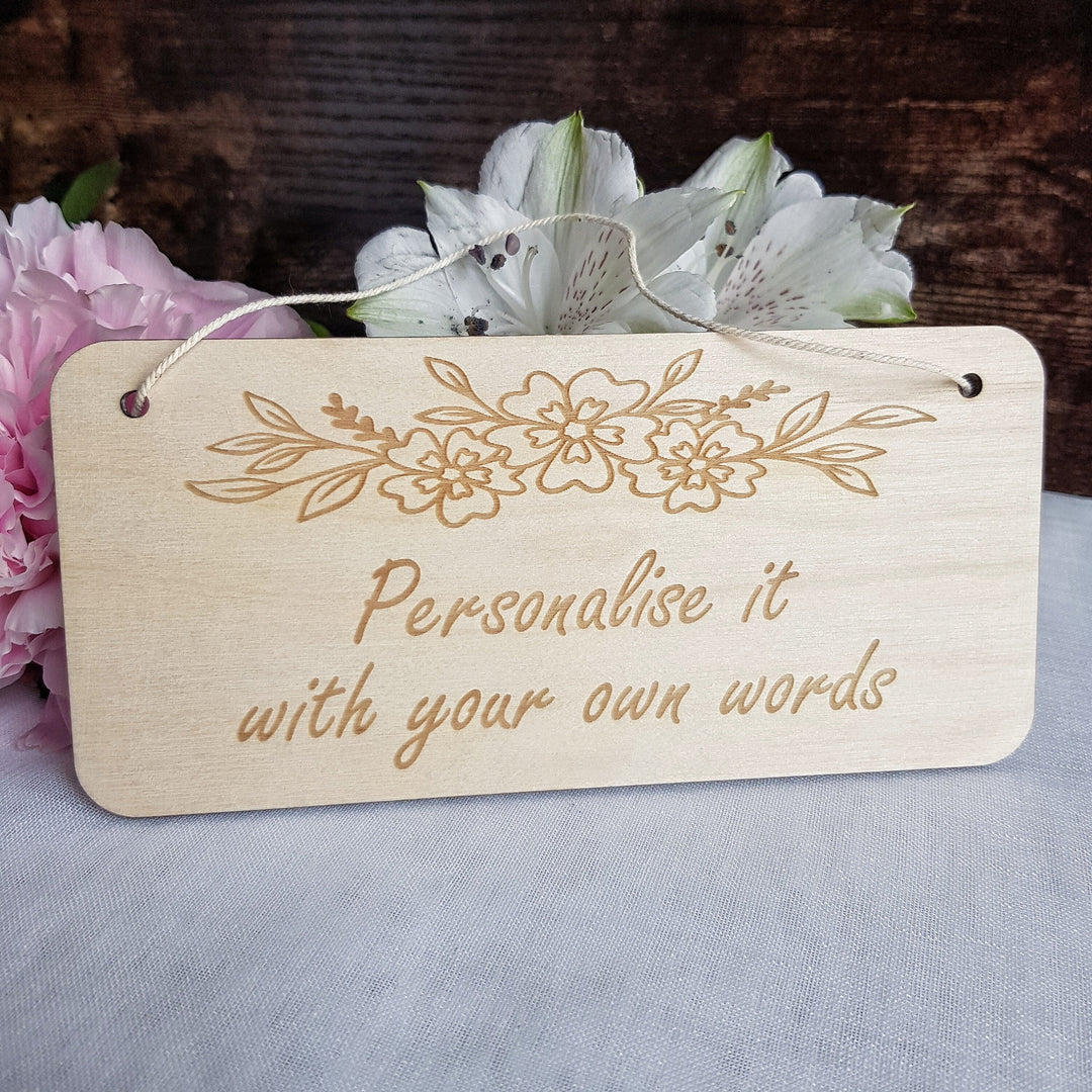 Personalised Floral Wreath Wooden Plaque: Rustic Laser Engraved Sign