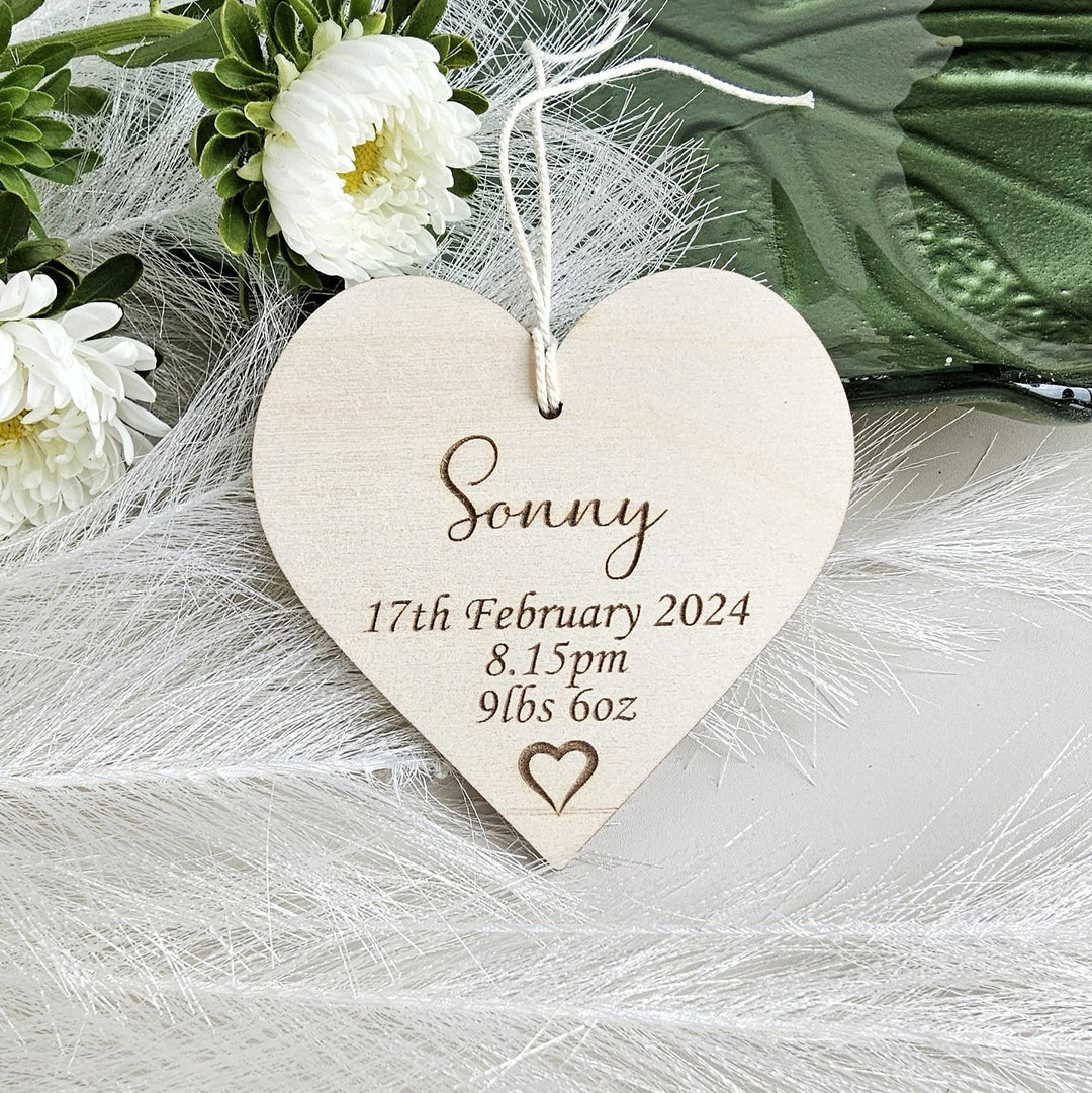 Newborn Announcement Plaque – Personalised Baby Keepsake | Wooden Heart Decoration